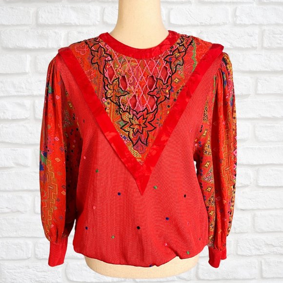 Vintage Diane Freis Long Sleeve Mixed Media Blouse Statement Collar Silk Red - Picture 1 of 12